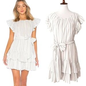 Rebecca Taylor Yarn Dyed Striped Tiered Ruffle Bow Waist Mini Dress Size 12